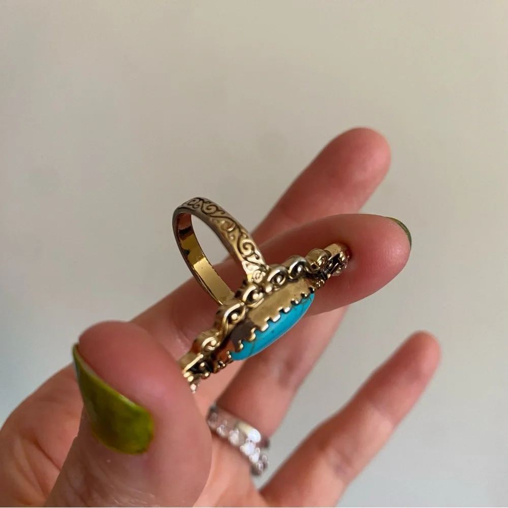 Boho Gold Tone Oblong Ring with Turquoise Tone Center Stone